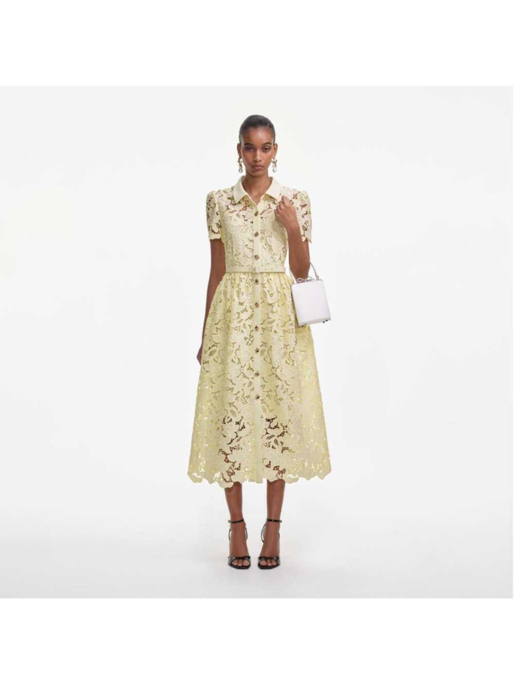Self Portrait Lace Collared Midi Dress US 00 Pastel Yellow Floral Wedding Guest
